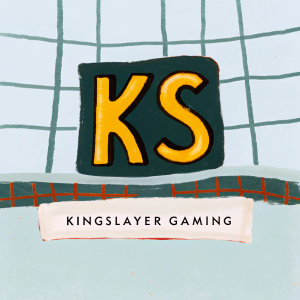 Dark, futuristic digital art showcasing the Kingslayer Gaming logo. The KS design in bold, metallic font. Below it, 'Kingslayer Gaming' in simple sans-serif. Edgy, gaming-themed background