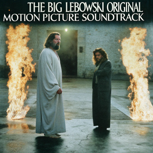 The Big Lebowski Original Motion Picture Soundtrack album cover. Golden flames engulf a scene featuring a bearded man and a woman engaged in a dramatic confrontation.