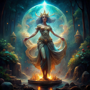 a high quality digital artwork of Greek goddess Adrasteia in a full body view, striking a god pose choreography in a mystic forest setting under a flood light. Mythological, powerful stance, mystical atmosphere, ethereal, digital painting, fantasy art, detailed, 4k resolution, glowing effects
