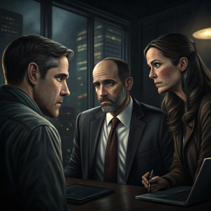 Jim Caviezel, Scott Adsit, and Amy Acker in an intense scene from 'Person of Interest'. Dark, moody office setting