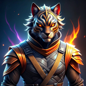 A dark, masked player character reminiscent of a tiger