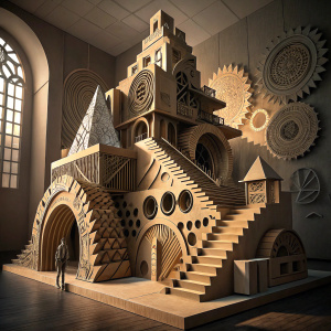 A large-scale abstract cardboard sculpture featuring diverse geometric forms and intricate layers. Stair-like structures and angular platforms create depth. Dramatic shadows cast by lighting enhance the modern and complex design.