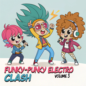 Cartoon characters in a vibrant scene. Various hairstyles and outfits. 'Funky-Punky ELECTRO CLASH Volume 3' at bottom. Exaggerated features, youthful energy.
