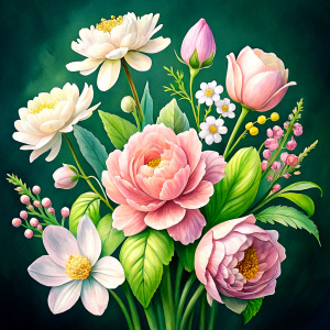 watercolor image ,Pink white Peonies Snowdrop, Watsonia, daffodil, cockscomb, Damarion, Common Crape Myrtle., Ranunculus viburnum, wax flower, dandelion, geranium , watercolor , watercolor