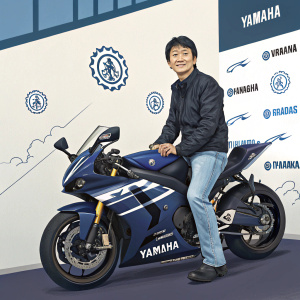 Tomotaka Ishikawa, CEO of Yamaha Motor India, in a casual outfit. Sitting on Yamaha YZF-R1 motorcycle. Graphic design backdrop featuring Yamaha logos.