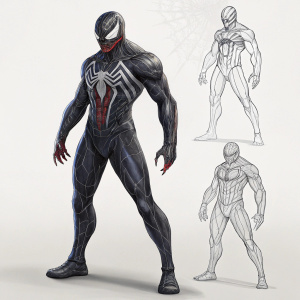 Digital illustration of Venom, a Spider-Man villain. Sketches and line drawings combined with 3D renderings. Full-body depiction showcasing Venom's muscular form and patterned suit.