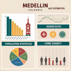 Infographic illustrating demographic data for Medellín, Colombia. Features breakdown of population statistics in Spanish.