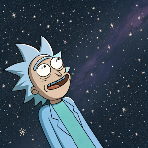 Rick Sanchez from Rick and Morty, wearing a blue shirt, floating in space with stars as backdrop.