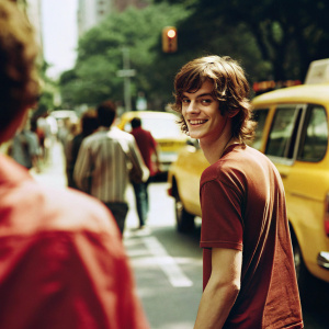 Andrew Garfield, young, smiling, in a casual t-shirt, standing on a busy city street.
