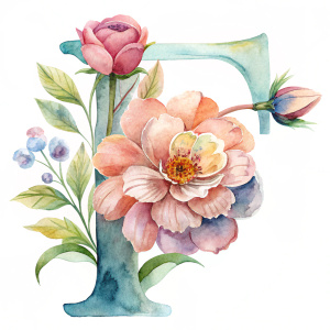 Fancy letter "f" containing floral, watercolor illustration, sublimation design, clipart, single object, isolated on a white background for removing background --no text shadow font watermark