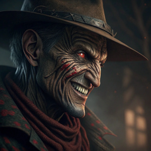 Close-up of Freddy Krueger's menacing visage. Highly detailed 3D digital art. Dark and gritty aesthetic.
