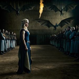 Game of Thrones scene. Daenerys Targaryen in dragonpit. Surrounded by characters and dragons.