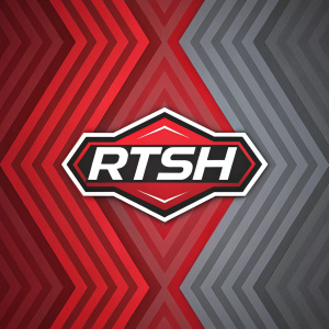 Dynamic and modern logo for RTSH. Stylized acronym, abstract shapes. Red and grey patterned background.