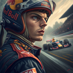 Max Verstappen, F1 driver, intense gaze, in red bull racing suit. Close-up, blurred race track background