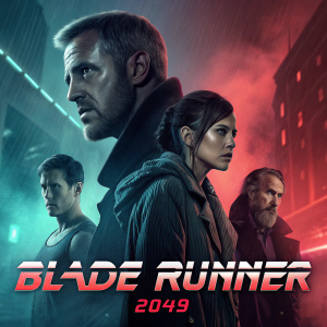 Film poster for Blade Runner 2049. Dark and moody, featuring multiple characters in various poses and expressions. Film title prominently displayed at the bottom. High contrast lighting and dramatic colors.