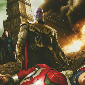 Film promotion image for Avengers: Infinity War. Thanos stands triumphant amidst fallen heroes. Stark tower in the background, damaged and in flames.