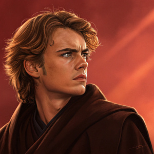 Anakin Skywalker in digital art. Wearing brown cloak, intense gaze. Warm red lighting as background, focusing on face.