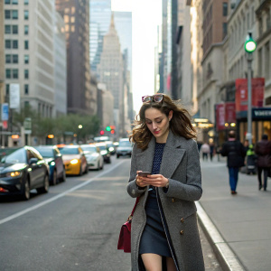 Emmy Rossum, casually walking down a bustling city street. She's dressed in a stylish coat, sunglasses perched on her head, and engrossed in her phone. Background includes parked cars, pedestrians, and towering skyscrapers.