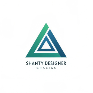 Logo design for Shanty Designer. A sleek triangle in shades of blue and green. Words 'Shanty Designer' and 'Gracias' below. Clean, minimalist style.