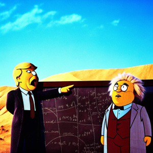 Cartoon depiction of Donald Trump and Albert Einstein in a whimsical setting. Trump points excitedly at Einstein who intently stares at a chalkboard filled with complex equations. Earth-toned backdrop.