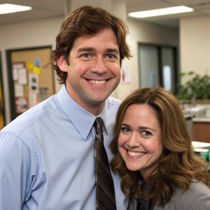 Jim Halpert, with a friendly grin, and Pam Beesly, sporting a warm smile and brown wavy hair, in their office setting from The Office. They wear casual work attire, Jim in a light blue shirt and tie.