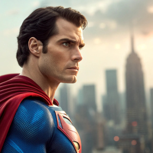 Henry Cavill in character as Superman, serious expression. The cityscape blurred behind him, vibrant colors