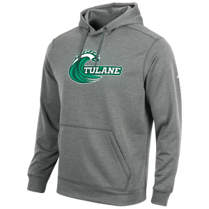 Men's gray hoodie featuring Tulane University logo. Bright green wave emblem. Sporty casual wear