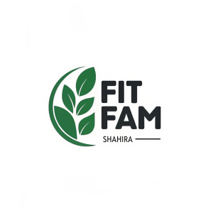 Shahira's logo for Fit Fam features a simple, modern design with a green leaf symbol on the left. The brand name 'Fit Fam' is in bold, sans-serif font. The color scheme is minimalistic, using black and green, making it suitable for various marketing materials.