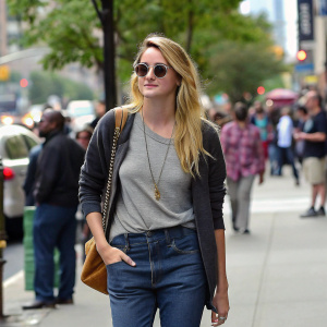 Shailene Woodley in casual outfit. Blonde hair, sunglasses. Urban street scene. Crowded sidewalk