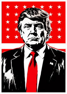 Donald Trump, portrait, realistic style, studio lighting, high-resolution 8K, sharp focus, detailed facial features, signature hairstyle, confident expression, business suit, American flag pin, oval office background, professional photography, cinematic composition, dramatic shadows, vibrant colors, lifelike skin texture, photorealistic rendering, award-winning portrait, ultra HD, golden hour lighting, depth of field, presidential demeanor
