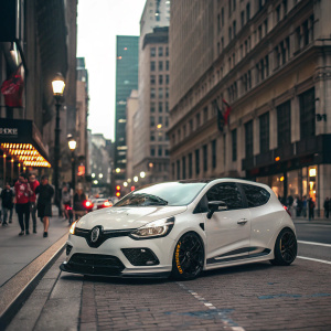 Renault Clio, modified with Remaps Professional Chip Tuning, parked on a busy city street. Cityscape in background