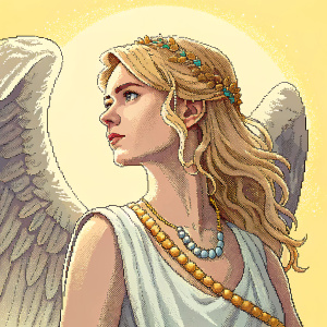 Sirin, with blonde hair and a necklace, in a pixel art style. The background is a simple, bright yellow.
