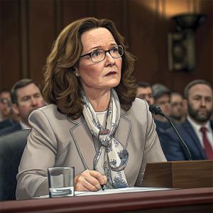 Gina Haspel at a congressional hearing. Wearing formal business attire. She is answering questions from lawmakers with a serious expression.