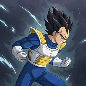 Vegeta from Dragon Ball Z, in a dynamic fighting stance. Vibrant colors and digital artwork. Dark background with cosmic elements