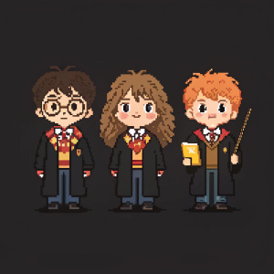 Pixel art of Harry Potter, Hermione Granger, and Ron Weasley from a Harry Potter scene, set against a solid black background.