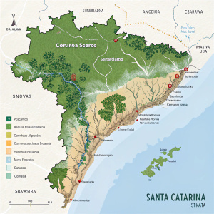 Interactive map of Santa Catarina, Brazil with detailed geographic features. Transparent background.