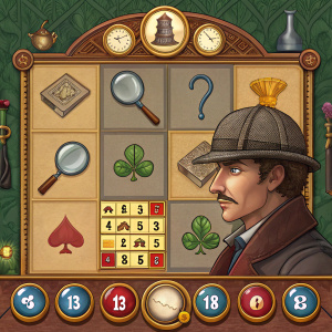 Interactive Sherlock Holmes-themed casino game. Vibrant Victorian-inspired interface. Various elements and symbols on the game board. Mobile-friendly design for both landscape and portrait views.