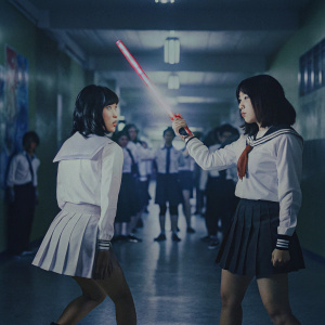 In the bustling hallways of a futuristic high school, Satsuki Kiryuin and Ryuko Matoi from 'Kill La Kill' confront each other. Vibrant neon signs and crowds fill the background, adding to the dynamic scene.
