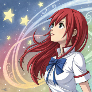 Erza Scarlet from Fairy Tail. Illustration, anime style. Long red hair, white top, blue bow. Background of colorful swirls and stars