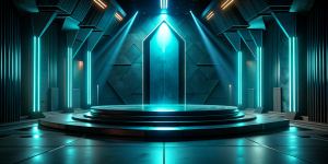 Futuristic dark podium with light and reflection background