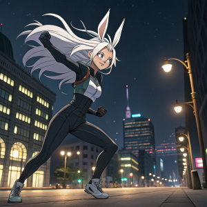 Mirko, an energetic anime character with vibrant white hair and a dynamic pose. She is dressed in a sleek, tight-fitting outfit. Dark night cityscape background.