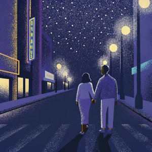 Anthony Kiedis and Heather Christie strolling down a vibrant city street under the night sky, surrounded by bustling nightlife.