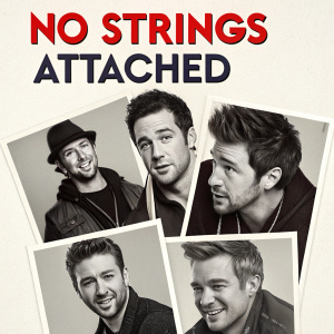 Promotional poster for 'No Strings Attached' by *NSYNC. Black and white imagery featuring band members in dynamic poses, with a strong emphasis on facial expressions. The album title 'No Strings Attached' is prominently displayed in bold letters. Visually striking composition with layered images, designed to catch the eye and grab attention.