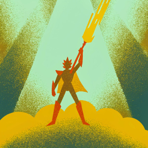 Overwatch character with a fiery weapon, standing confidently. Dark background, spotlight effect