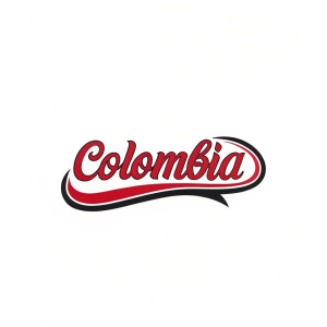A sleek, modern logo featuring a bold, red and black cursive font. The word 'Colombia' is in a smaller, subordinate font. Set against a clean white background, the design adheres to a limited color palette for a simple, striking effect.