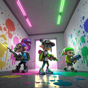 Characters from Splatoon 2 standing in a room filled with vibrant colors. Neon lights illuminate the space. They are surrounded by ink splatters, forming dynamic patterns on a white canvas.