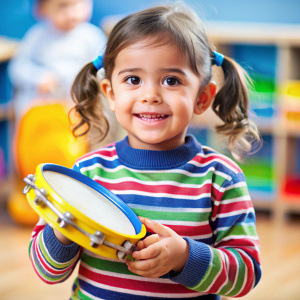 niña latina de 3 años en el kindergarden tocando el tambor de color azul amarillo y rojo. con pullover rayado de colores
