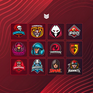 A dynamic grid layout featuring various gaming emotes. Dark red background with gradient wave pattern. Each emote has a designated space in a matrix format. Vibrant colors and sharp lines create a modern, edgy aesthetic. The emotes are slightly elevated, giving a sense of depth and movement.