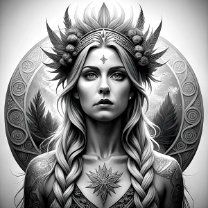 Frigg - Nordic Goddess perfect realistic art, high-definition grey and black, white background tattoo design