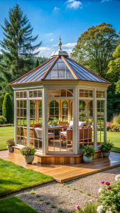 Glazed gazebo for a beautiful and beautiful summer residence